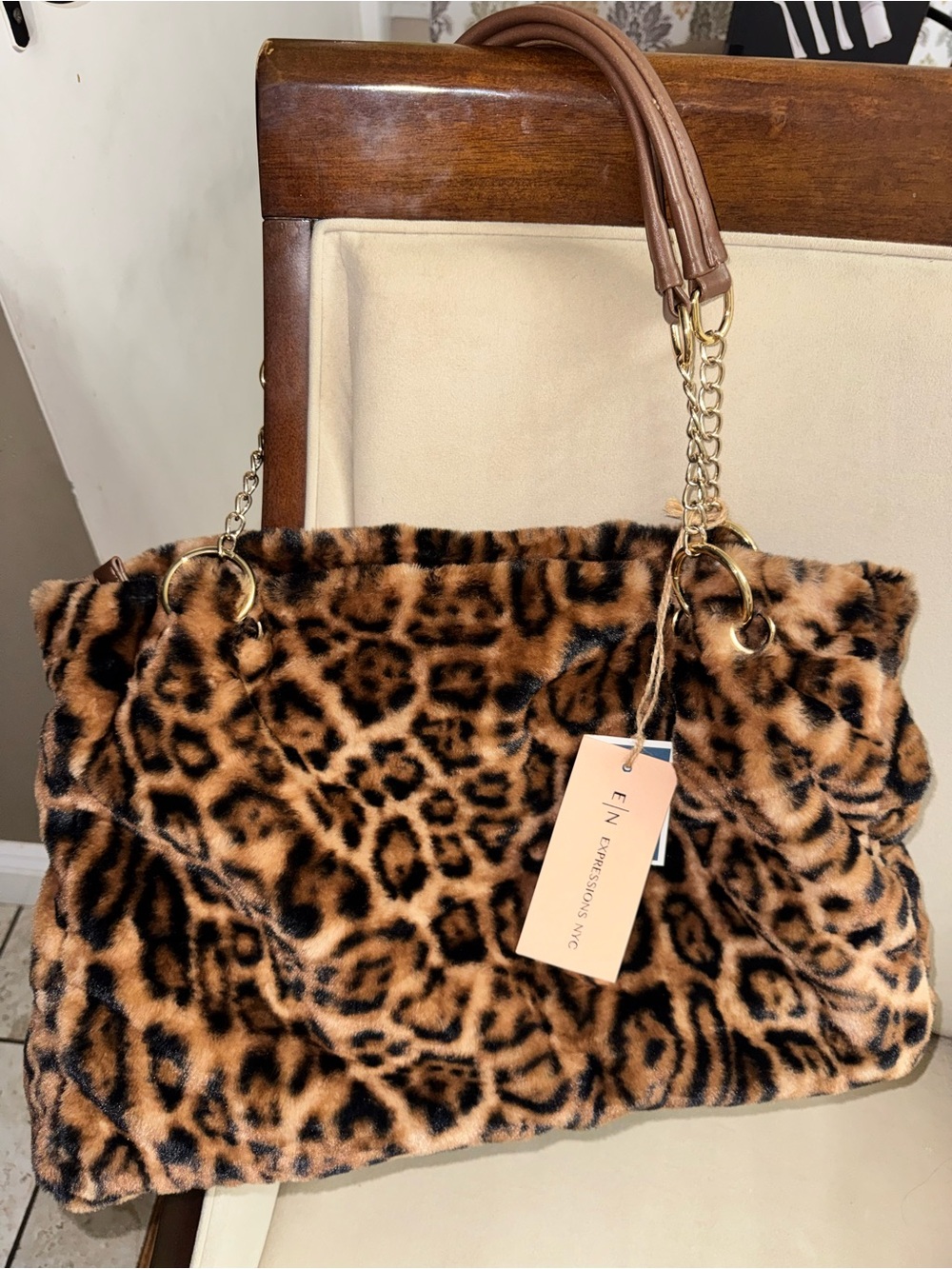Faux Fur Leopard Tote Bag with Chain Handles